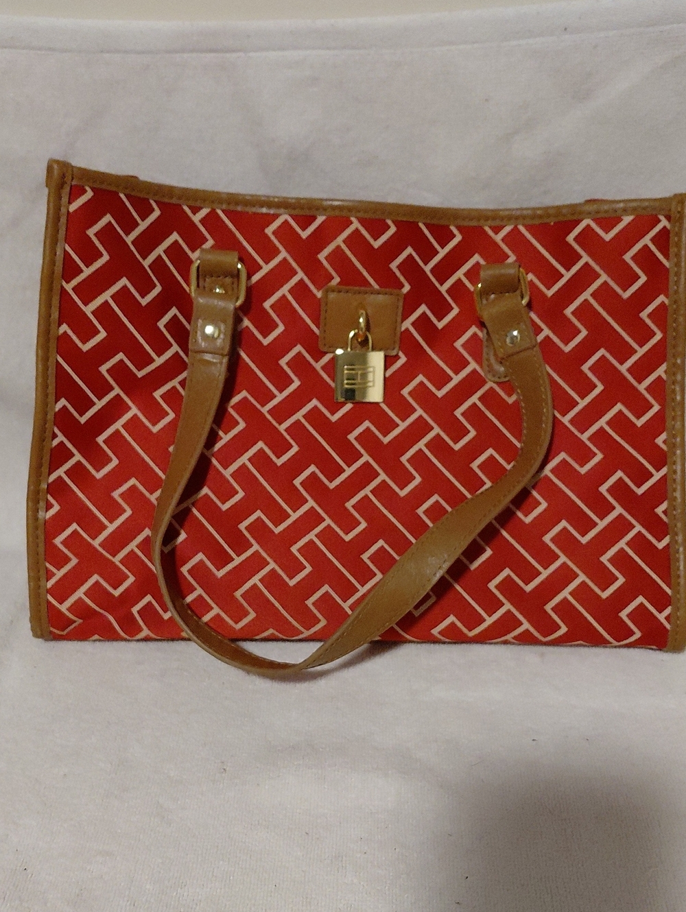 Tommy Hilfiger Red Patterned Tote with Tan Trim